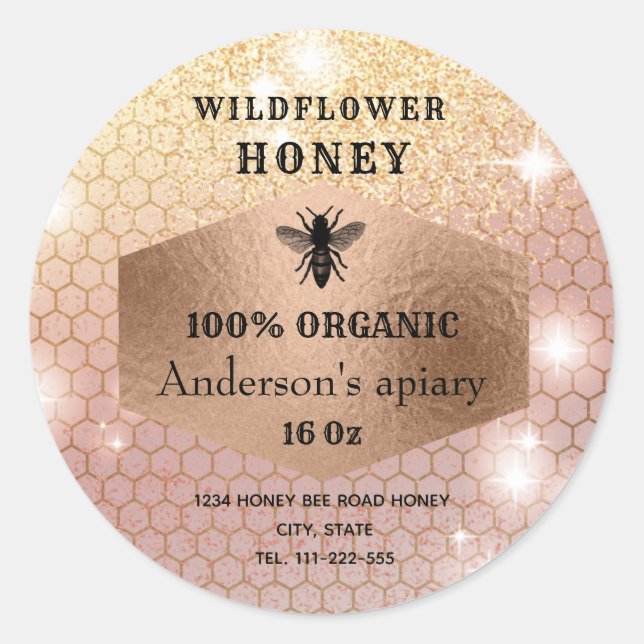 Pegatina Redonda Logo moderno y elegante de la abeja dorada rosa (Anverso)