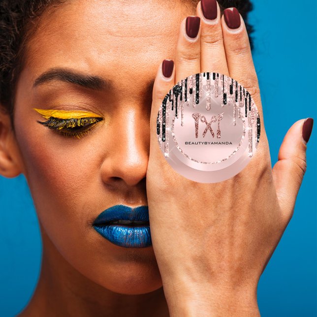 Pegatina Redonda Logo Nombre Maquista  Goteo Rosa Brillo (Logo Name Hair Makeup Artist Drips Rose Glitter Classic Round Sticker)