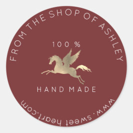 Pegatina Redonda Logotipo artesanal Nombre Web Pegasus Horse Maroon