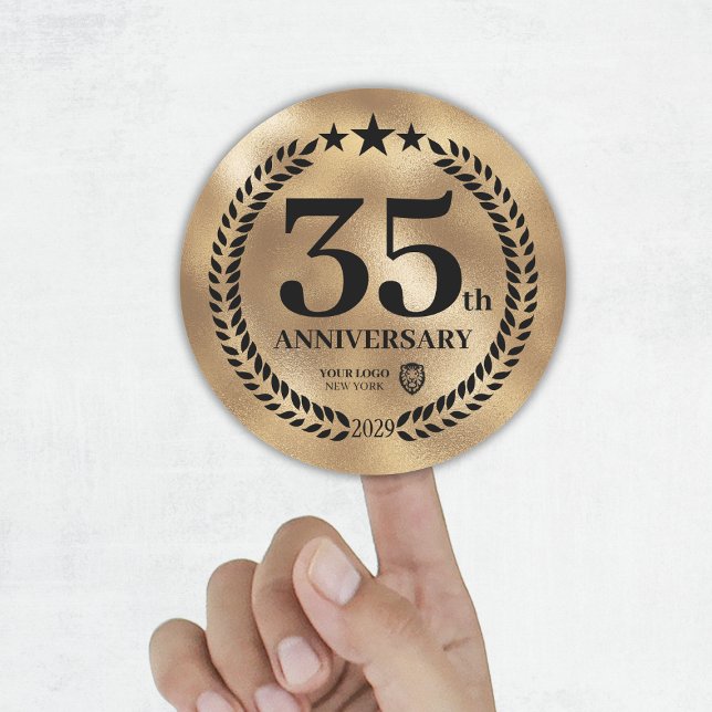 Pegatina Redonda Logotipo comercial conmemorativo del 35 aniversari (Gold 35th Anniversary Business Logo Commemorative Classic Round Sticker
)