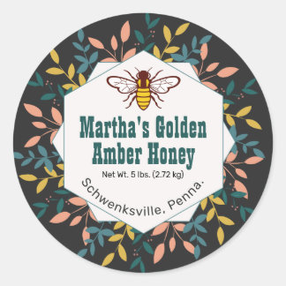 Pegatina Redonda Logotipo de abeja de miel Wreath Black Honey Jar P