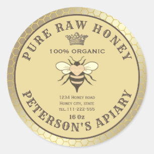 Pegatina Redonda Logotipo de abeja dorada cosecha miel tarro