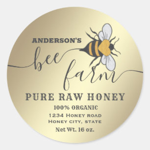 Pegatina Redonda Logotipo de abeja dorada guión granja de abejas ja