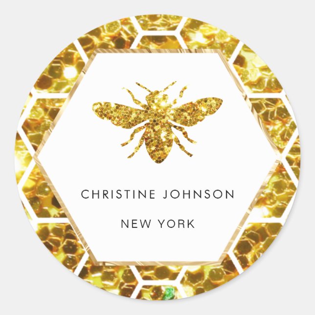 Pegatina Redonda logotipo de abeja hexagonal en blanco (Anverso)