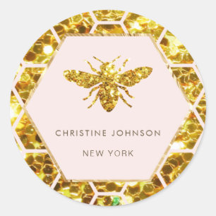 Pegatina Redonda logotipo de abeja hexagonal en rosa pálido