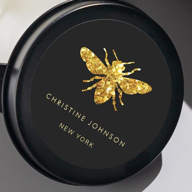 Pegatina Redonda logotipo de abeja purpurina en negro (Subido por el creador)