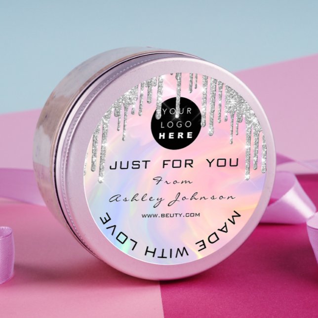 Pegatina Redonda Logotipo De Agradecimiento De purpurina Hecho Con  (Glitter Thank Logo Made With Love Silver Holograph Classic Round Sticker)