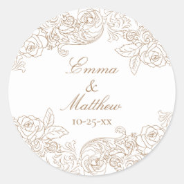 Pegatina Redonda Logotipo de boda circular barroco dorado marrón