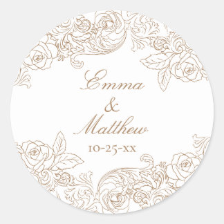 Pegatina Redonda Logotipo de boda circular barroco dorado marrón
