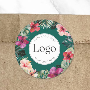 Pegatina Redonda Logotipo de Botánica Floral Tropical de Acuarela p