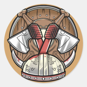 Pegatina Redonda Logotipo de dibujos animados de escudo vikingo