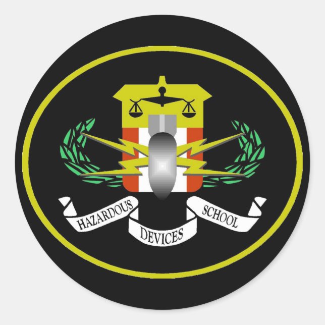Pegatina Redonda Logotipo de dispositivos peligrosos (Anverso)