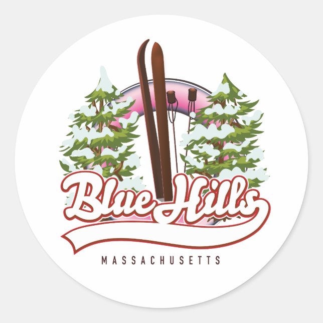 Pegatina Redonda logotipo de esquí de Blue Hills Massachusetts (Anverso)