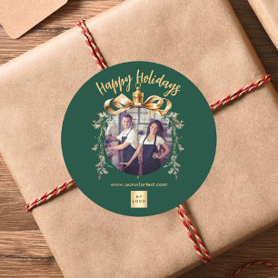 Pegatina Redonda logotipo de foto de equipo verde dorado de Navidad