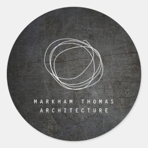 Pegatina Redonda Logotipo de garabato de diseñador sobre metal negr