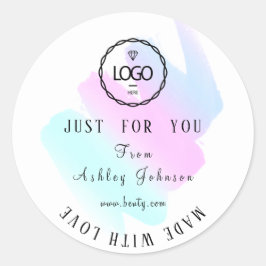 Pegatina Redonda Logotipo De Gracias Hecho Con Amor Azul Rosa Blanc