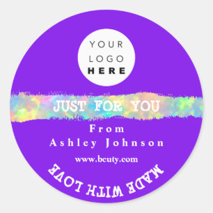 Pegatina Redonda Logotipo De Gracias Hecho Con Amor Holograph Purpl