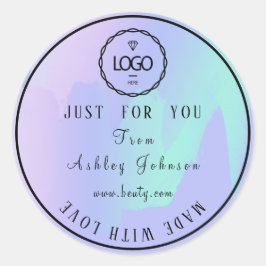 Pegatina Redonda Logotipo De Gracias Hecho Con Amor Mint Blue Purpl