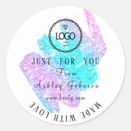 Pegatina Redonda Logotipo De Gracias Hecho Con Amor Ombre Azul Rosa