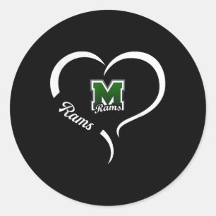 Pegatina Redonda Logotipo de Marshfield Rams Lema medio corazón Hs