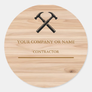 Pegatina Redonda Logotipo de martillo de madera rústica de contrati