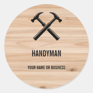 Pegatina Redonda Logotipo de martillo de madera rústica de contrati