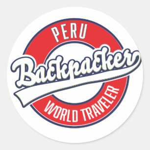 Pegatina Redonda logotipo de mochilero viajero mundial Peru.
