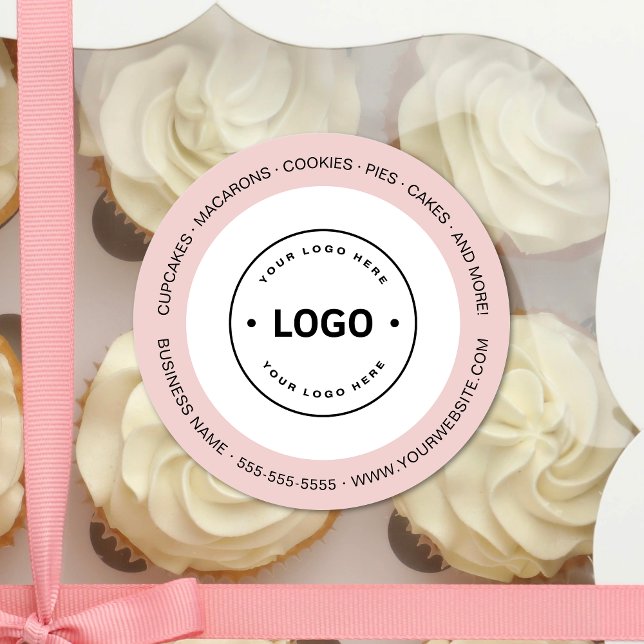 Pegatina Redonda Logotipo de panadería blanco y rosa (Bakery Logo White and Pink Classic Round Sticker)