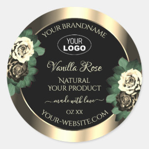 Pegatina Redonda Logotipo de Rosas de crema floral Gold Black Produ