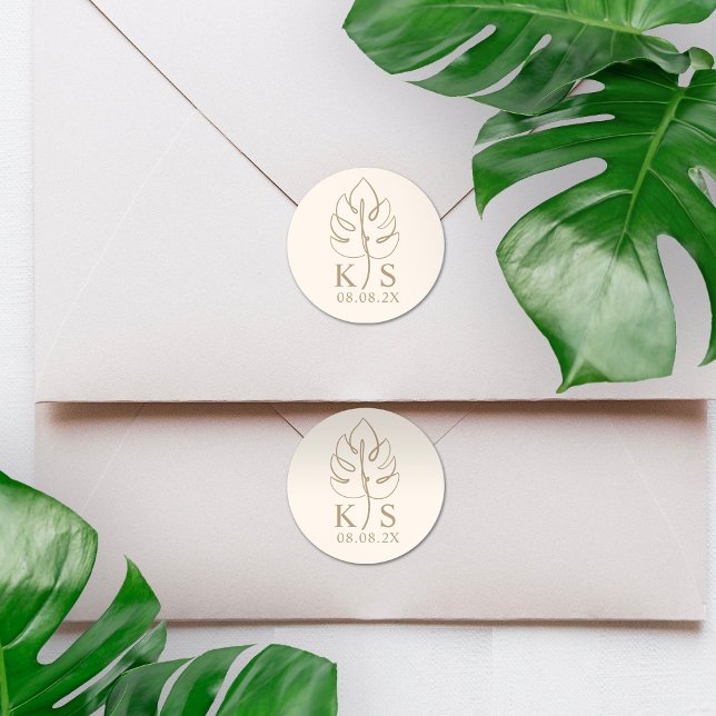 Pegatina Redonda Logotipo del Boda Monstera Monograma personalizado (Subido por el creador)