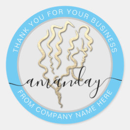 Pegatina Redonda Logotipo Dorado Nombre Peluquería Azul Gracias