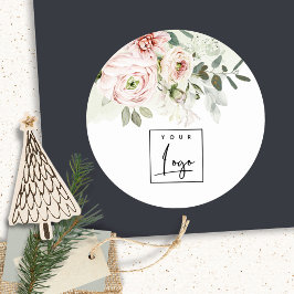 Pegatina Redonda Logotipo floral botánico de hoja de peonía rosa su