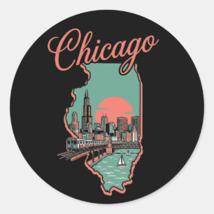 Pegatina Redonda Logotipo minimalista de la ciudad de Chicago Illin