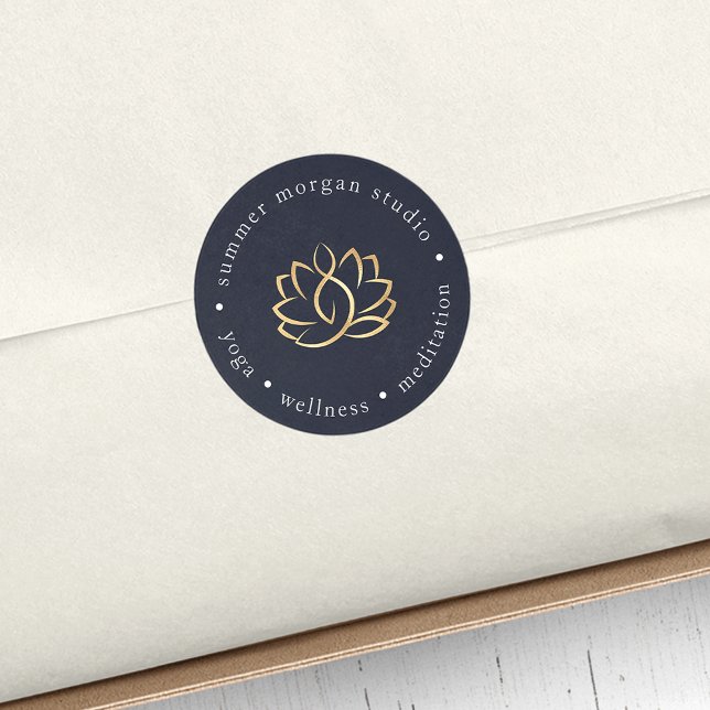 Pegatina Redonda Logotipo Navy & Gold Lotus | Yoga Wellness Spa (Subido por el creador)