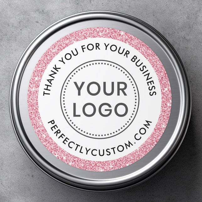 Pegatina Redonda logotipo personalizado purpurina rosa negocios fro (Round business thank you sticker with your custom logo and faux pink glitter border)