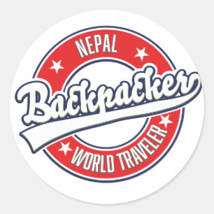 Pegatina Redonda logotipo retro de viajero mochilero de Nepal