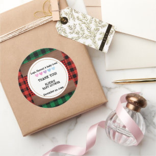Pegatina Redonda Logs Flannel Rustic Plaid Hearts Baby Shower