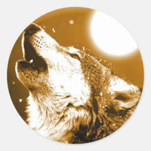 Pegatina Redonda Lonely Wolf Howling en la Luna
