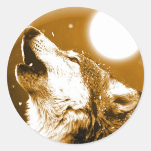 Pegatina Redonda Lonely Wolf Howling en la Luna