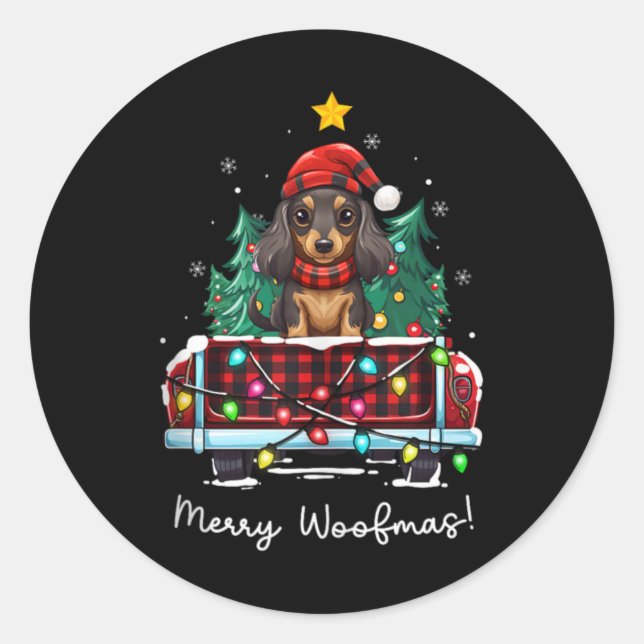 Pegatina Redonda Long Haired Dachshund Christmas Dog Truck Plaid Fu (Anverso)