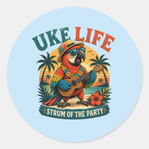 Pegatina Redonda Loro de Uke Life – Vibraciones de la Isla Ukulele