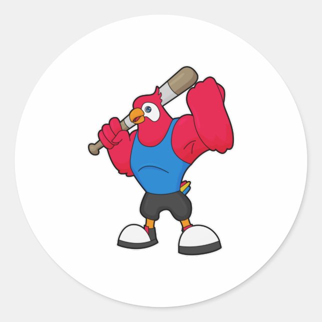 Pegatina Redonda Loro en béisbol con bate de béisbol (Anverso)