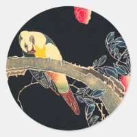 Loro en la rama de un Rosa florido Bush