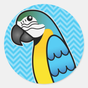 Pegatina Redonda Loro Guacamayo de Dibujos Animados Azul y Amarillo