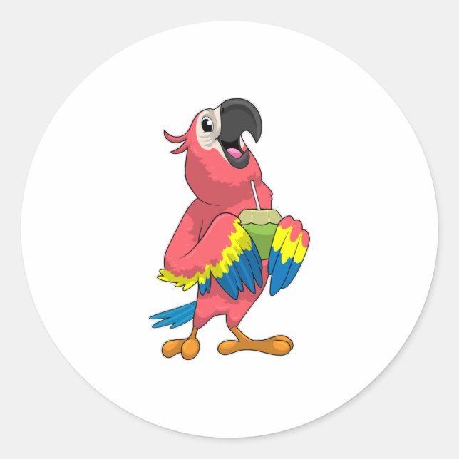 Pegatina Redonda Loro y coco con paja para beber (Anverso)