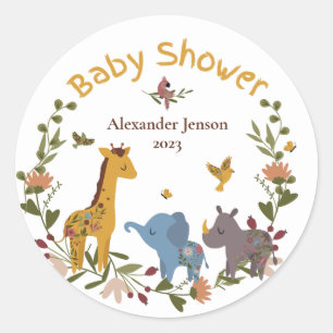 Pegatina Redonda Los animales de Safari cuestan Baby Shower follaje