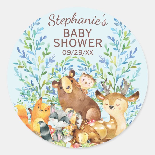 Pegatina Redonda Los animales de Woodland Baby Shower favorecen al  (Anverso)