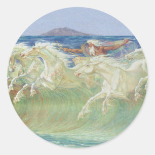 PEGATINA REDONDA LOS CABALLOS DEL REY NEPTUNE VIAJAN POR LAS OLAS