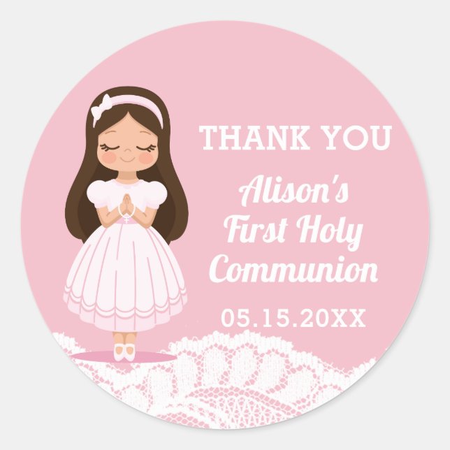 Pegatina Redonda Los chicas primero la comunión rosada (Anverso)