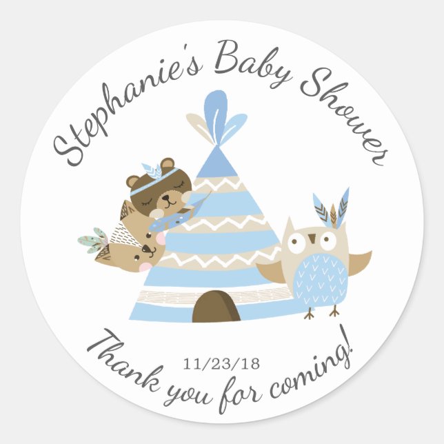 Pegatina Redonda Los chicos de la Tribal Woodland Baby Shower favor (Anverso)